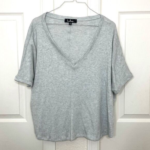 Lulus Short Sleeve Sweater Top Gray Boxy True Story Light Blue V-Neck size Small - Picture 1 of 11